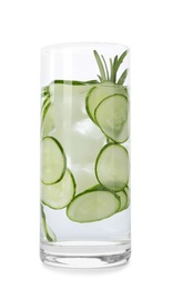 Photo of Glass of refreshing cucumber lemonade and rosemary on white background. Summer drink