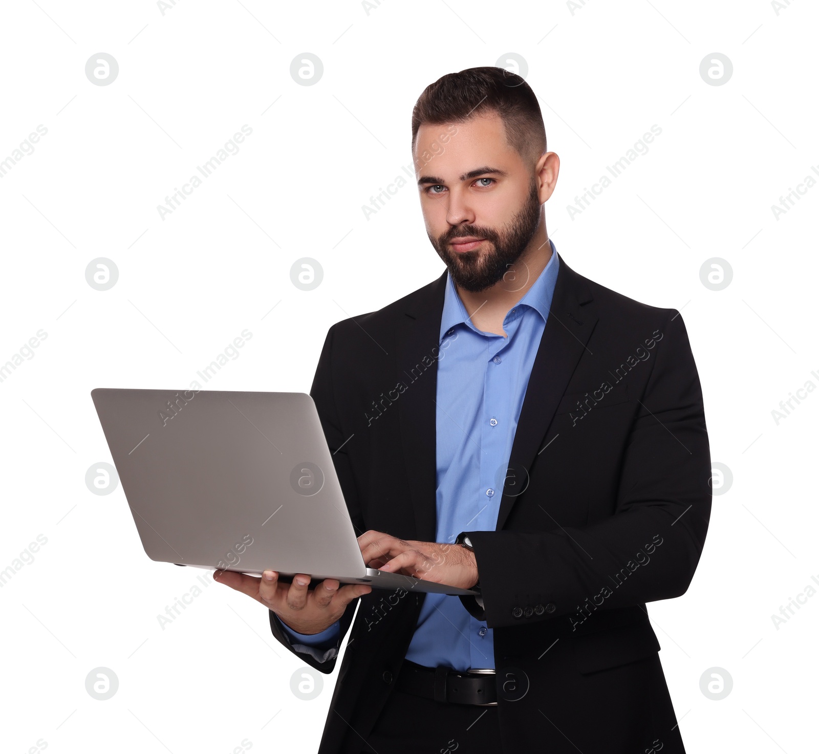 Photo of Portrait of serious man with laptop on white background. Lawyer, businessman, accountant or manager