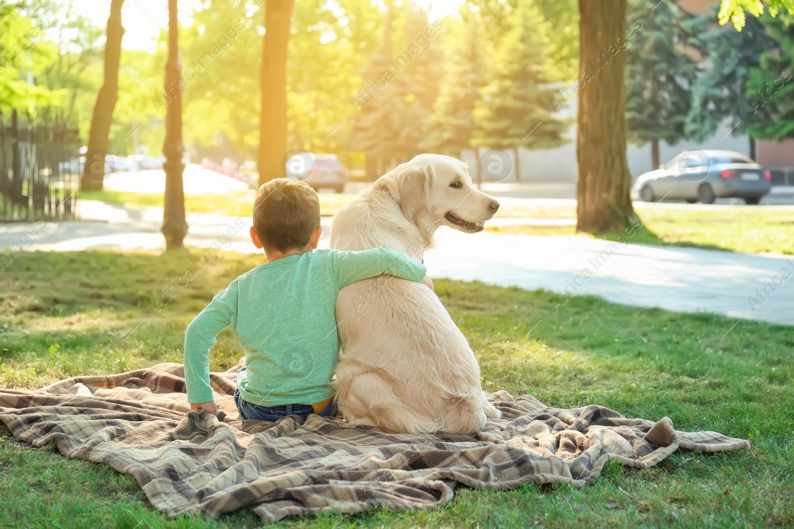 Photo of Cute little child with his pet in green park