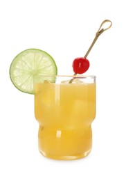 Photo of Glass of tasty pineapple cocktail with lime and cherry isolated on white