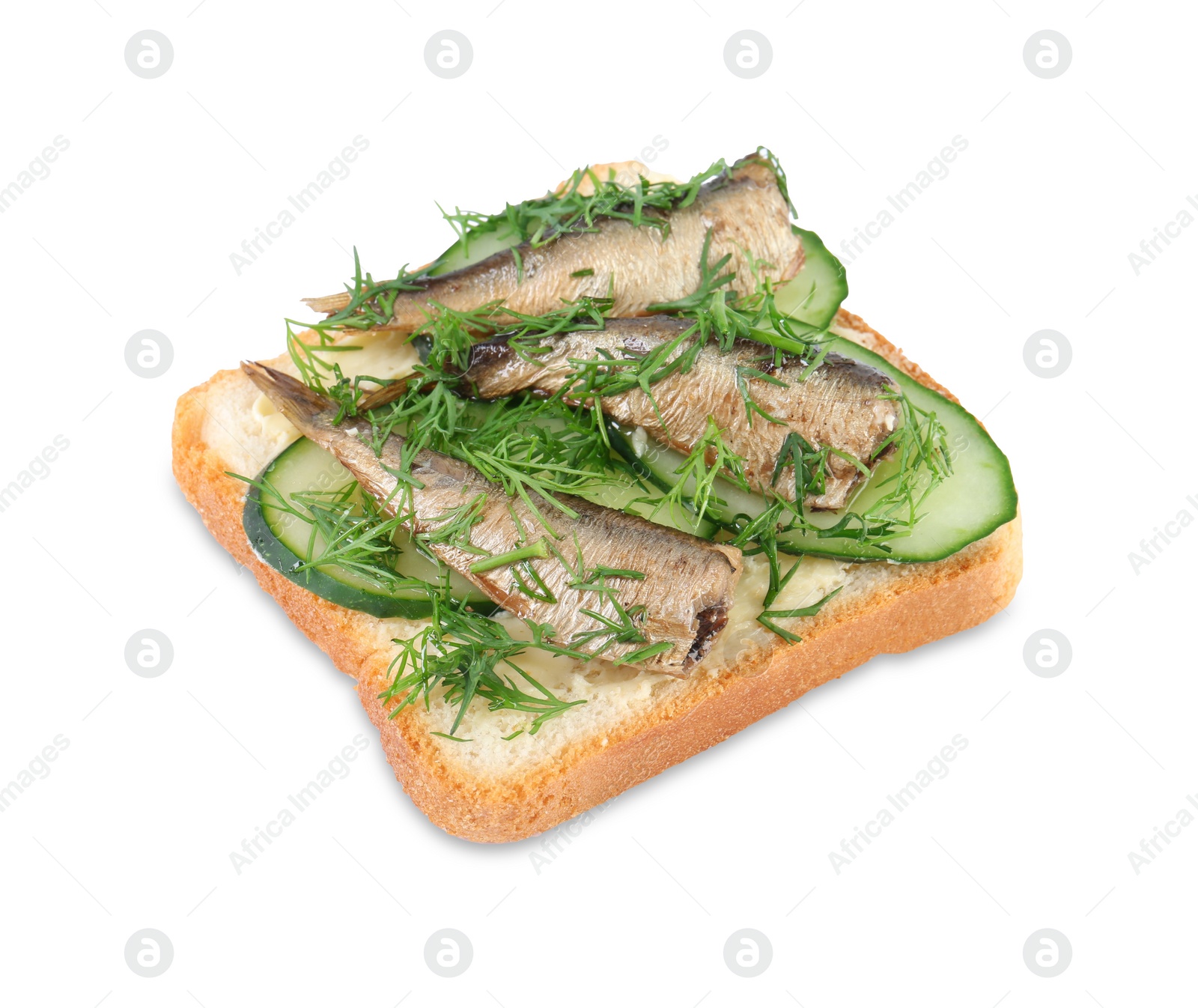 Delicious sandwich with smoked sprats, cucumber and dill isolated on white Photo of Delicious sandwich with smoked sprats, cucumber and dill isolated on white