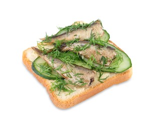 Photo of Delicious sandwich with smoked sprats, cucumber and dill isolated on white
