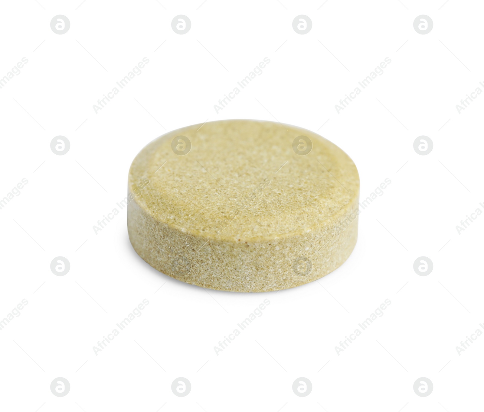 Photo of One round pill on white background. Medicinal treatment