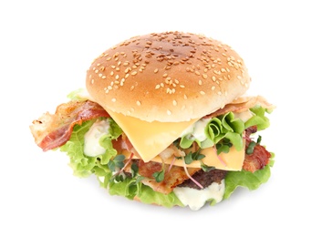 Tasty burger with bacon isolated on white