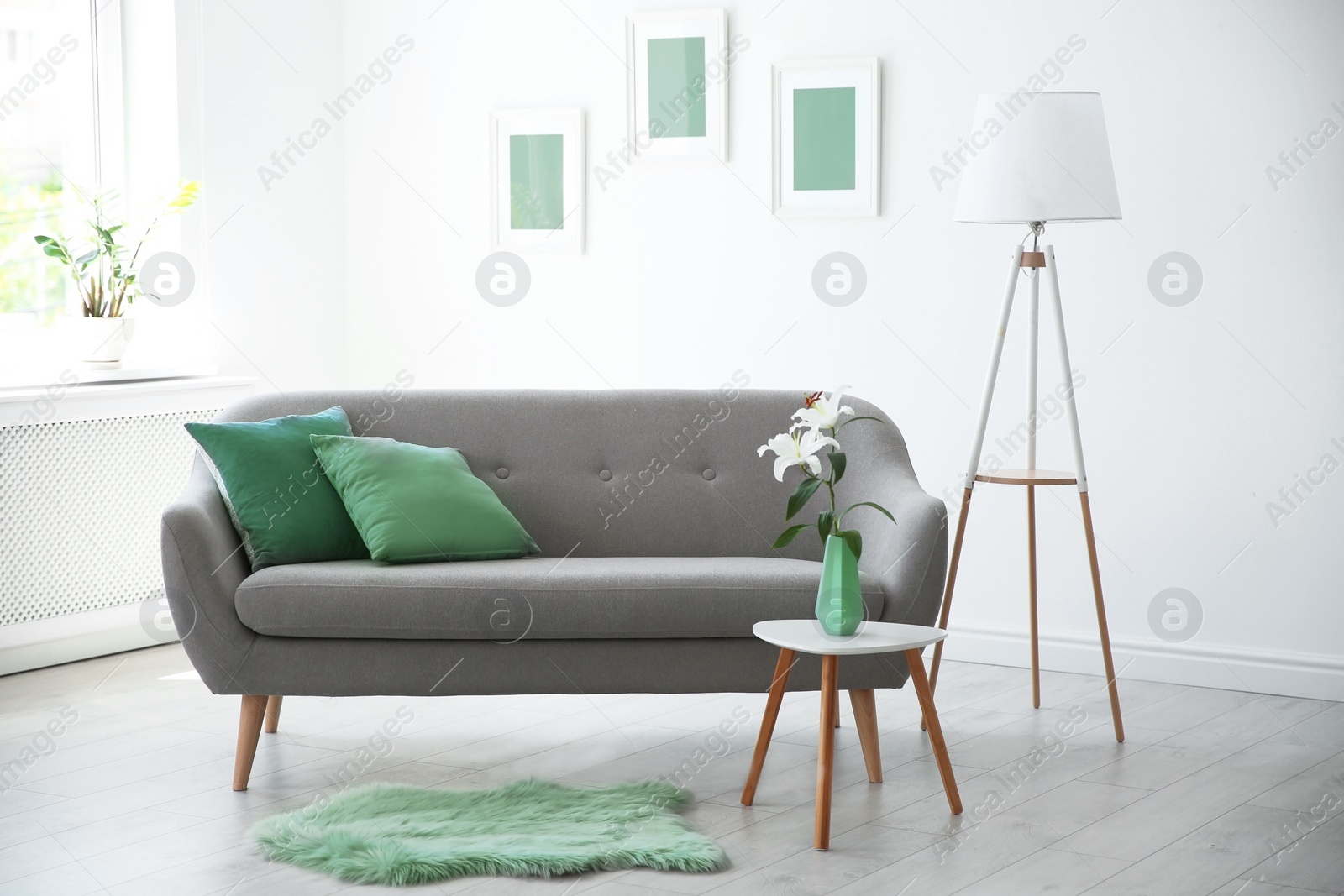 Photo of Stylish living room interior with sofa and mint decor elements