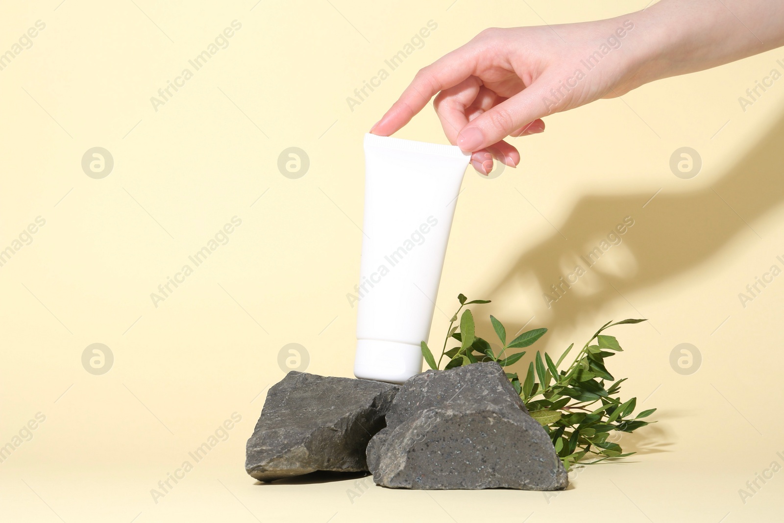 Photo of Woman with tube of cream, branches and stones on light yellow background, closeup