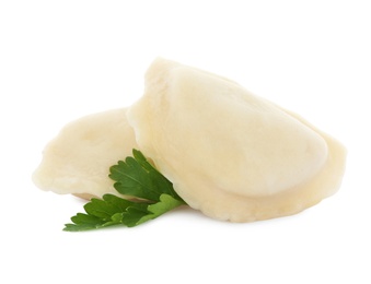 Boiled dumplings with tasty filling on white background