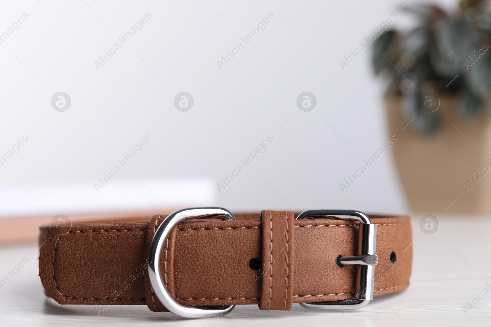 Photo of Brown leather dog collar on table against blurred background, closeup. Space for text