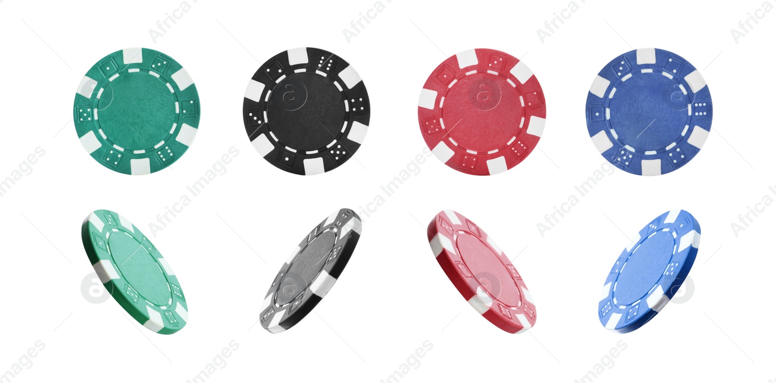 Image of Set with different casino chips on white background. Banner design