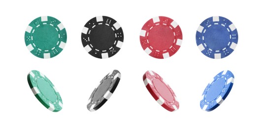 Set with different casino chips on white background. Banner design