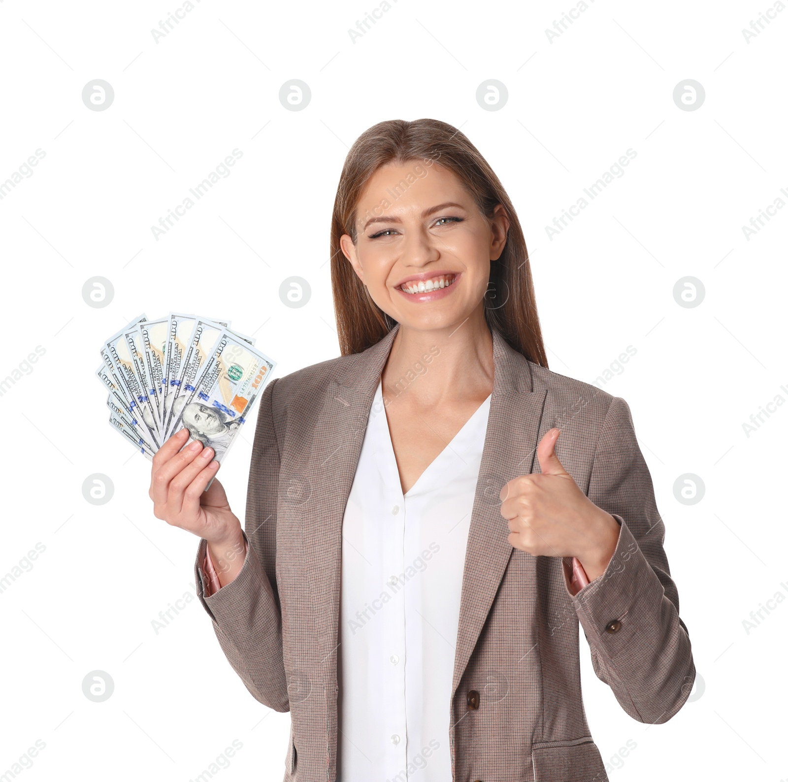 Photo of Portrait of happy young businesswoman with money on white background