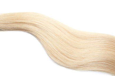 Photo of Locks of healthy blond hair on white background