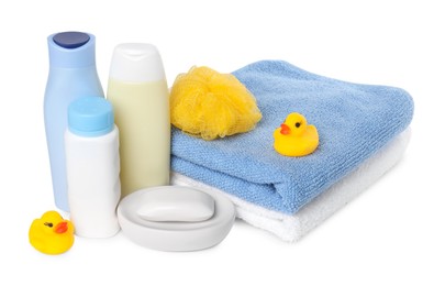 Photo of Baby cosmetic products, bath ducks, sponge and towels isolated on white