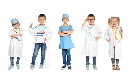Image of Collage of cute little children wearing doctor uniform costumes on white background. Banner design