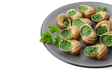 Photo of Delicious cooked snails with parsley isolated on white