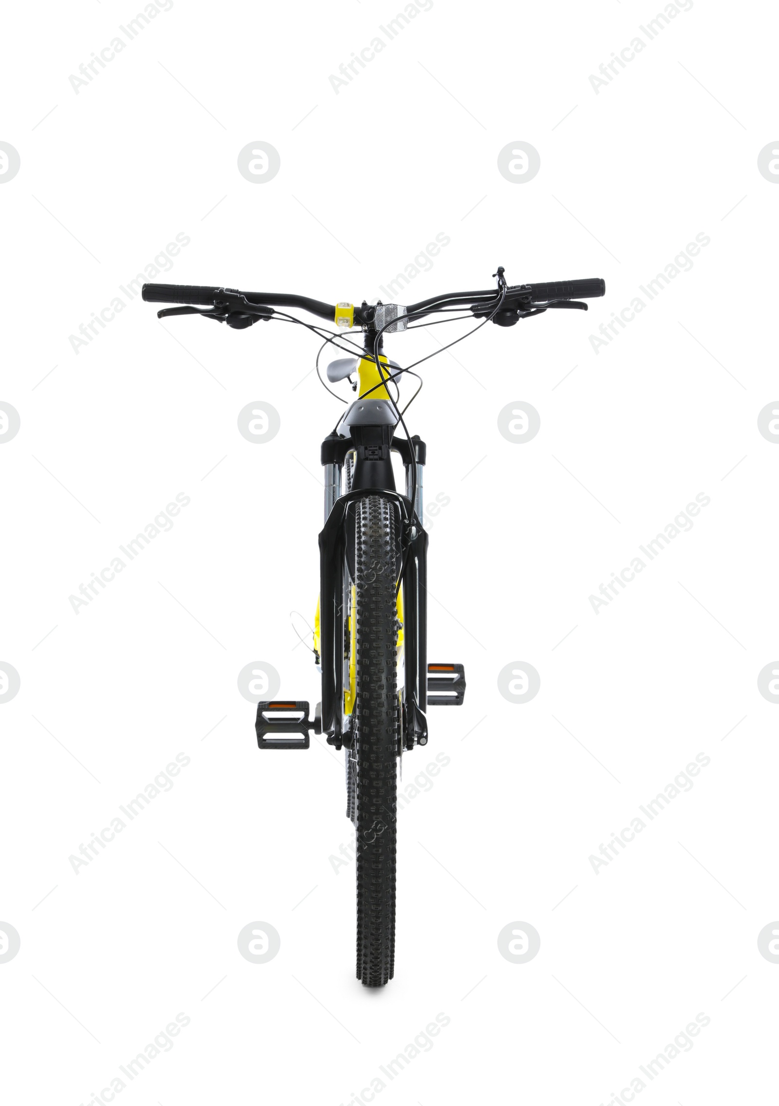 Photo of Modern yellow mountain bicycle on white background