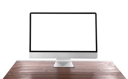 Modern computer monitor with blank screen on wooden table against white background