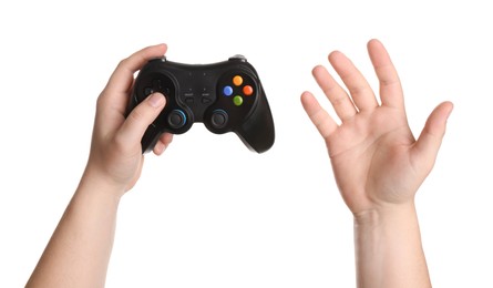 Photo of Woman using wireless game controller on white background, closeup