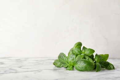 Photo of Fresh green basil leaves on table. Space for text