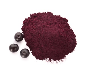 Acai powder and berries on white background, top view