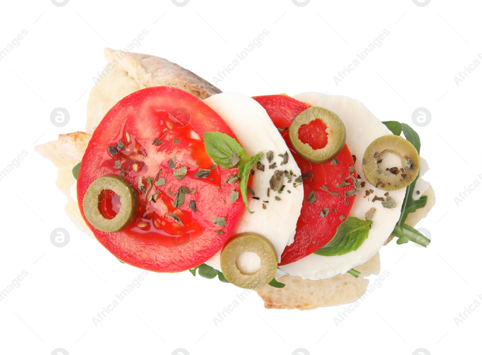 Photo of Tasty bruschetta with tomatoes, mozzarella and olives on white background, top view