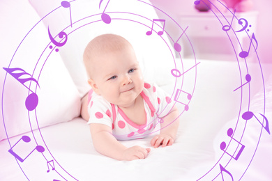 Flying music notes and cute baby girl on bed at home. Lullaby songs 
