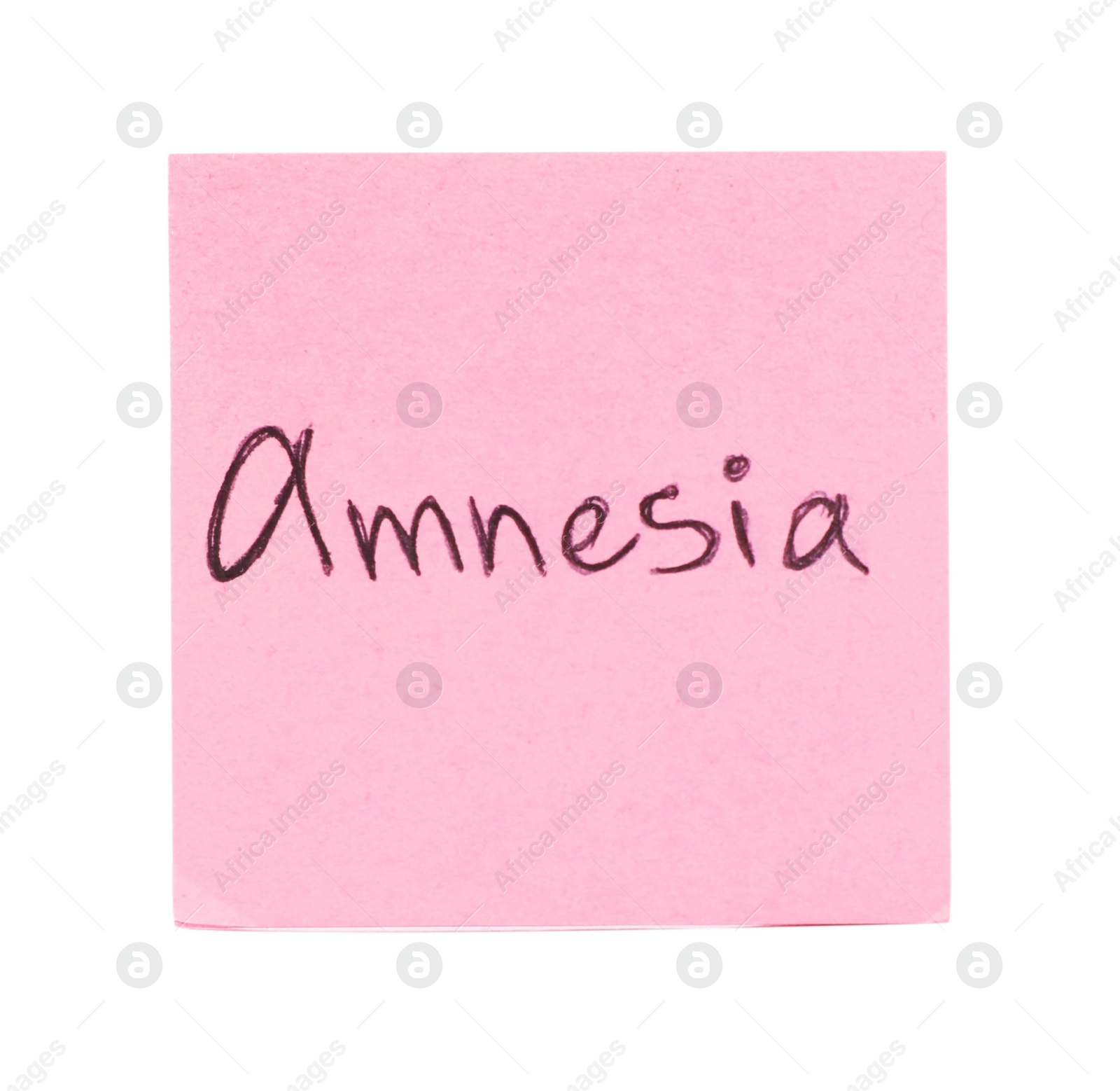 Photo of Pink sticky note with word Amnesia on white background