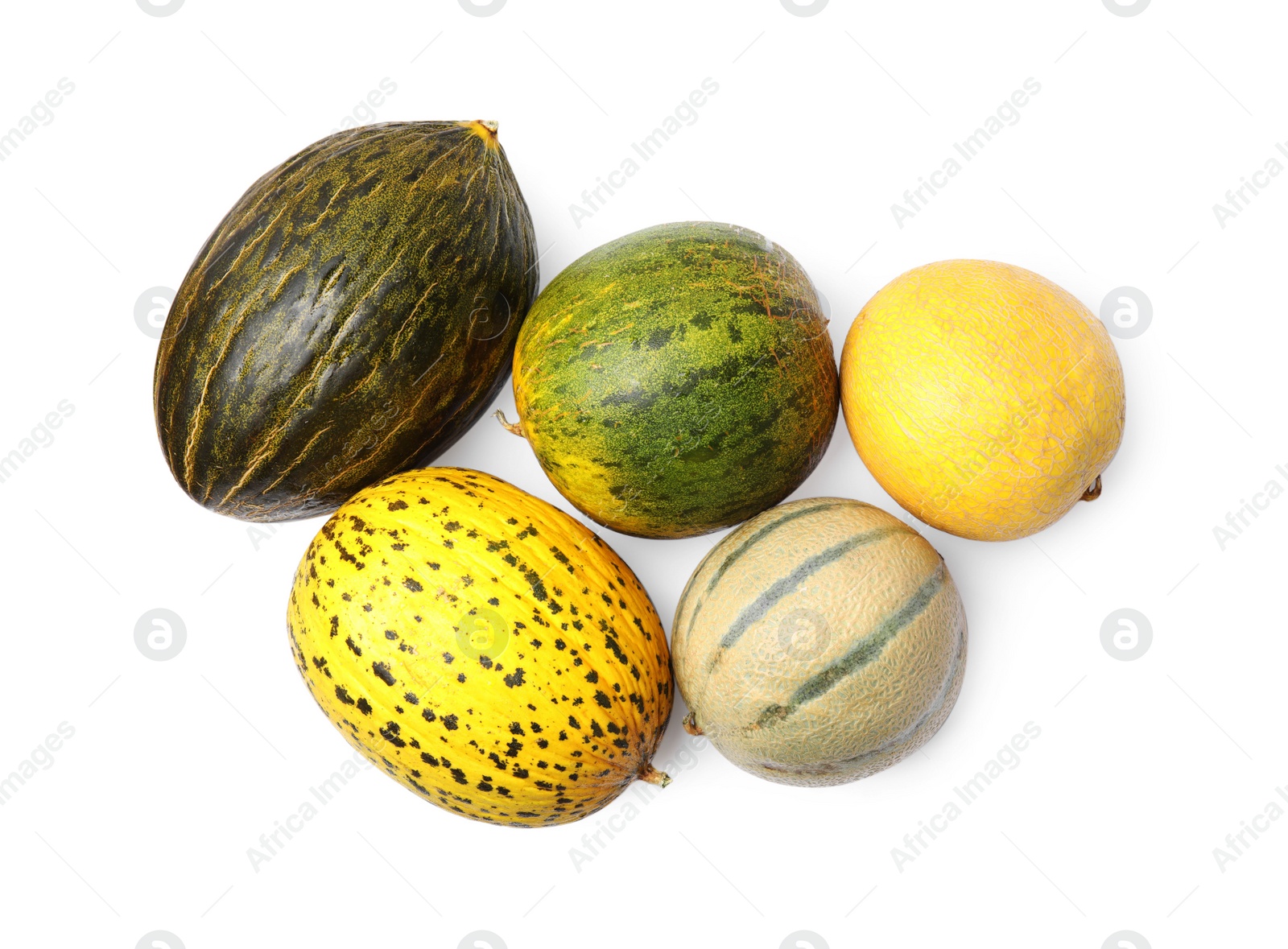 Tasty colorful ripe melons on white background, top view Photo of Tasty colorful ripe melons on white background, top view