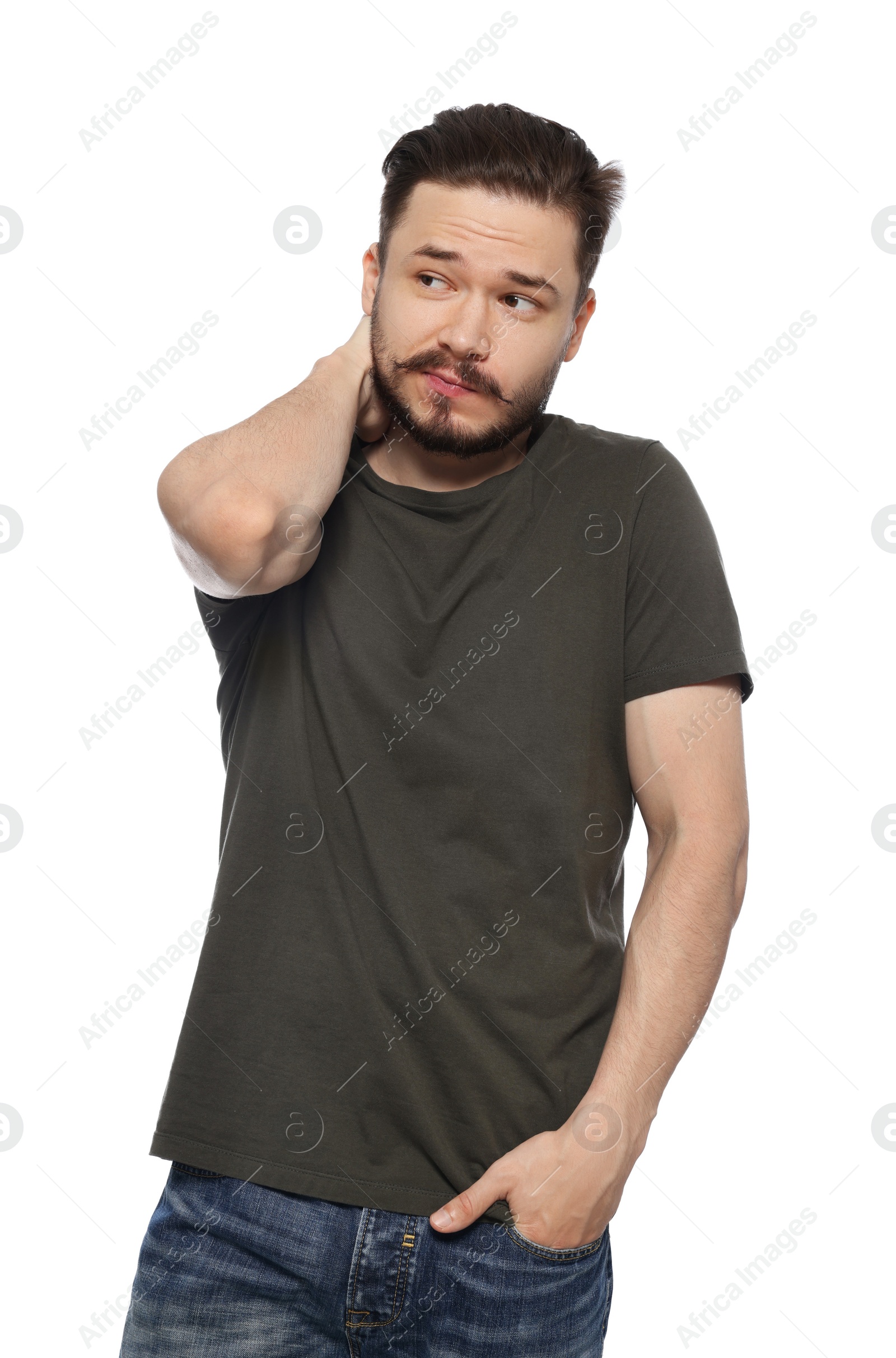 Photo of Portrait of embarrassed man on white background