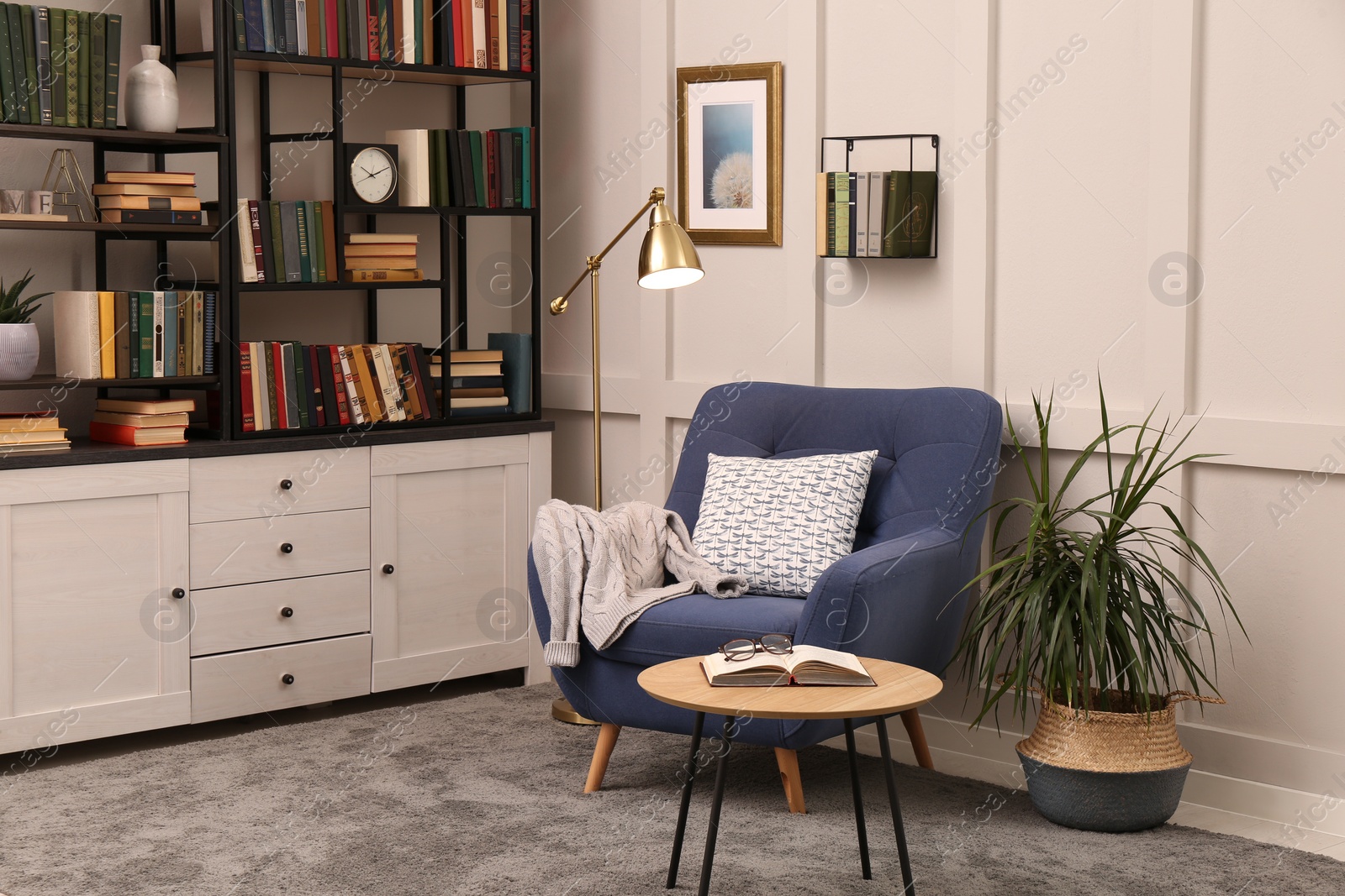 Photo of Cozy home library interior with collection of different books on shelves and comfortable place for reading