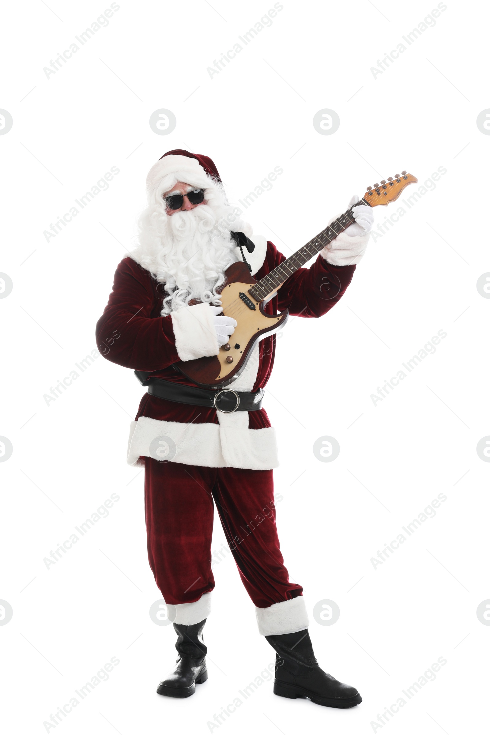 Photo of Santa Claus playing electric guitar on white background. Christmas music