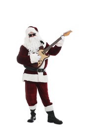 Santa Claus playing electric guitar on white background. Christmas music