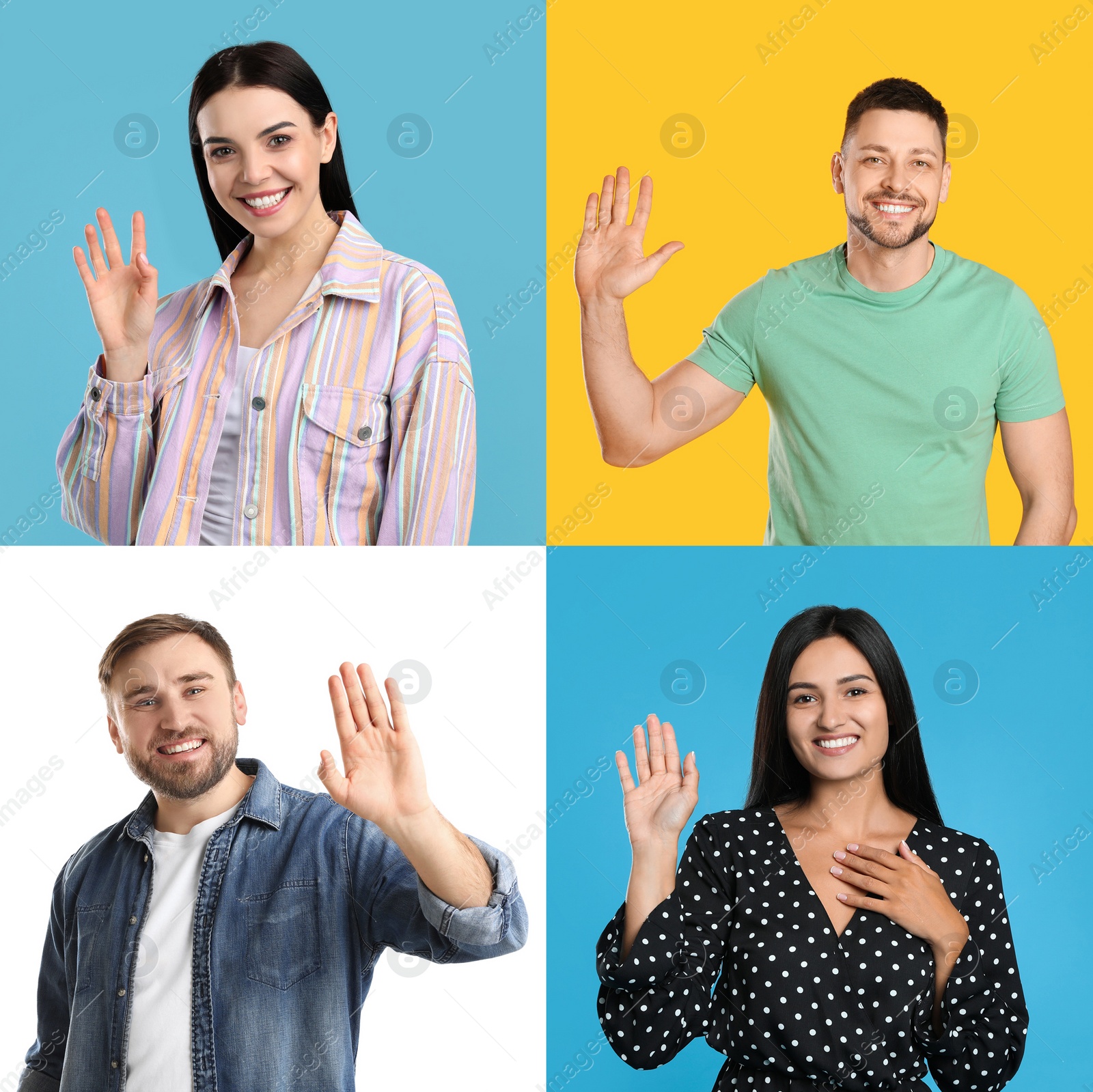 Image of Collage with photos of cheerful people showing hello gesture on different color backgrounds