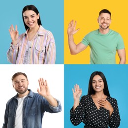 Collage with photos of cheerful people showing hello gesture on different color backgrounds