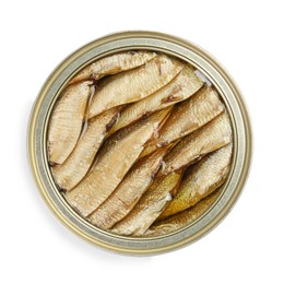 Sprats in tin can isolated on white, top view