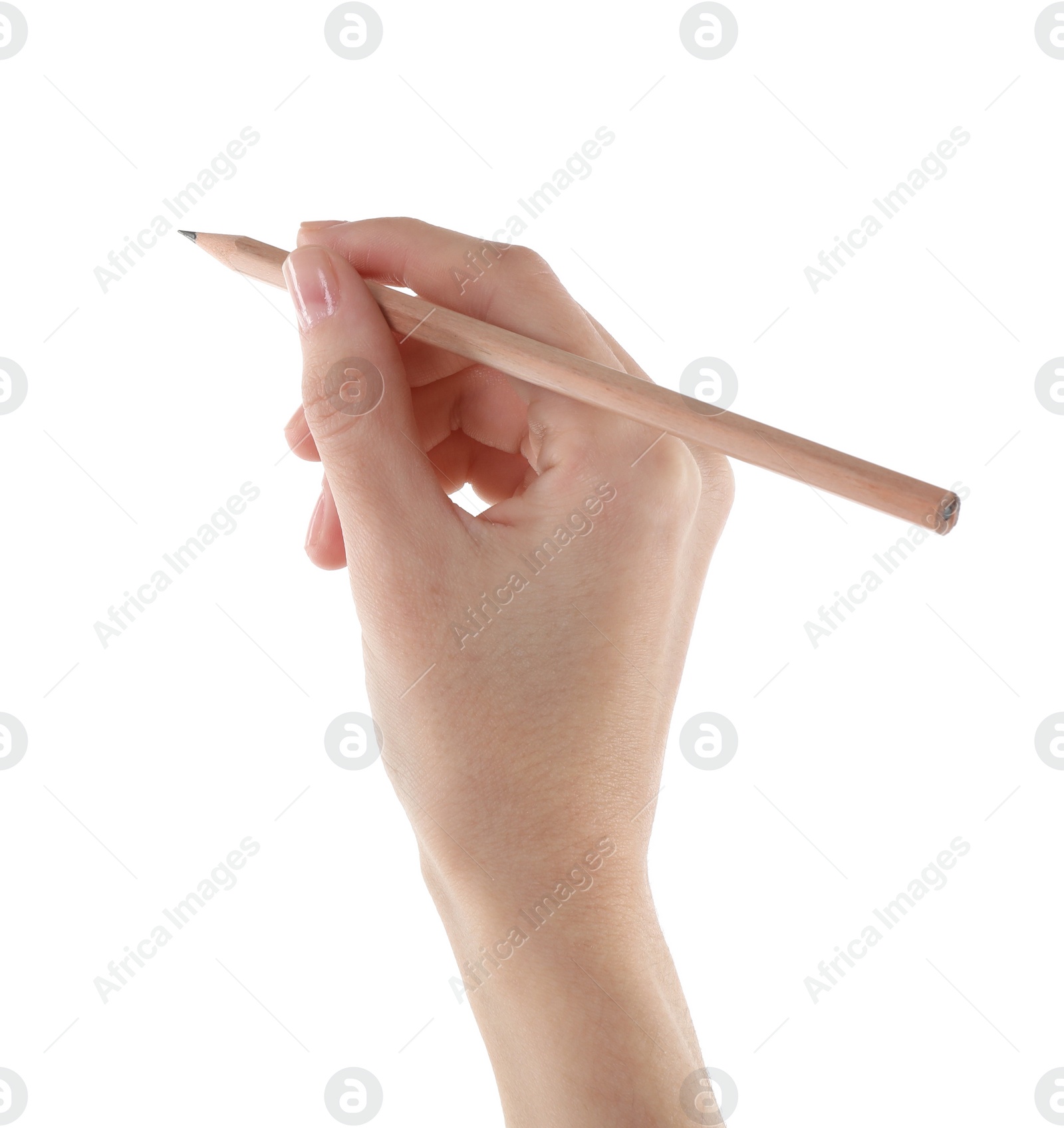 Photo of Woman with graphite pencil on white background, closeup