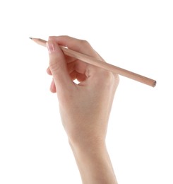 Photo of Woman with graphite pencil on white background, closeup