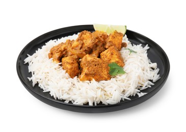 Photo of Delicious chicken curry with rice isolated on white