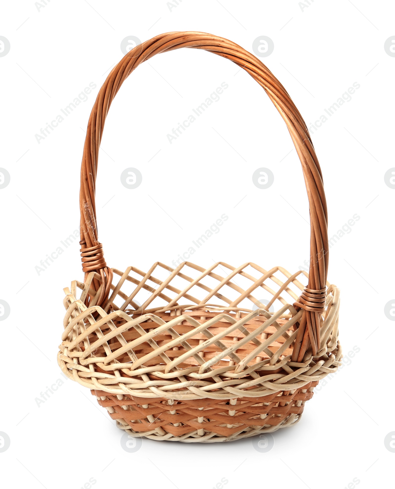 Photo of Empty wicker basket isolated on white. Easter item