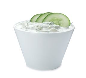 Photo of Bowl with cucumber sauce on white background