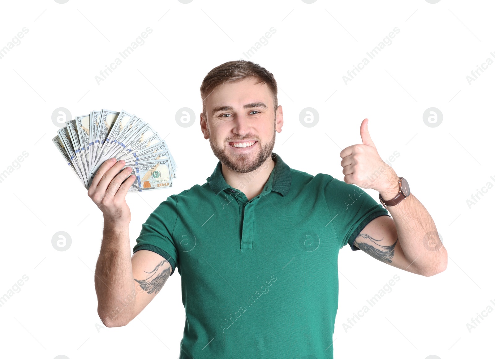 Photo of Portrait of young man holding money banknotes on white background