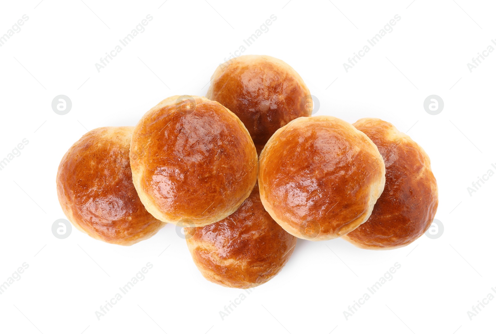 Photo of Tasty scones prepared on soda water isolated on white, top view