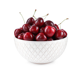 Photo of Tasty ripe red cherries in bowl isolated on white