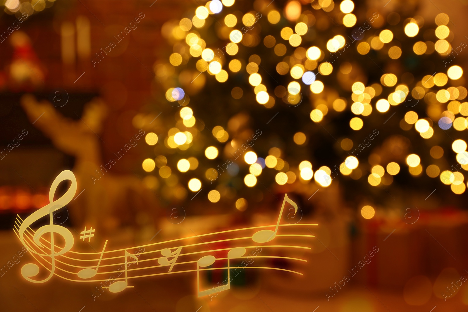 Image of Music notes and blurred view of room decorated for Christmas and New Year celebration, bokeh effect