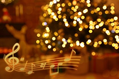 Image of Music notes and blurred view of room decorated for Christmas and New Year celebration, bokeh effect