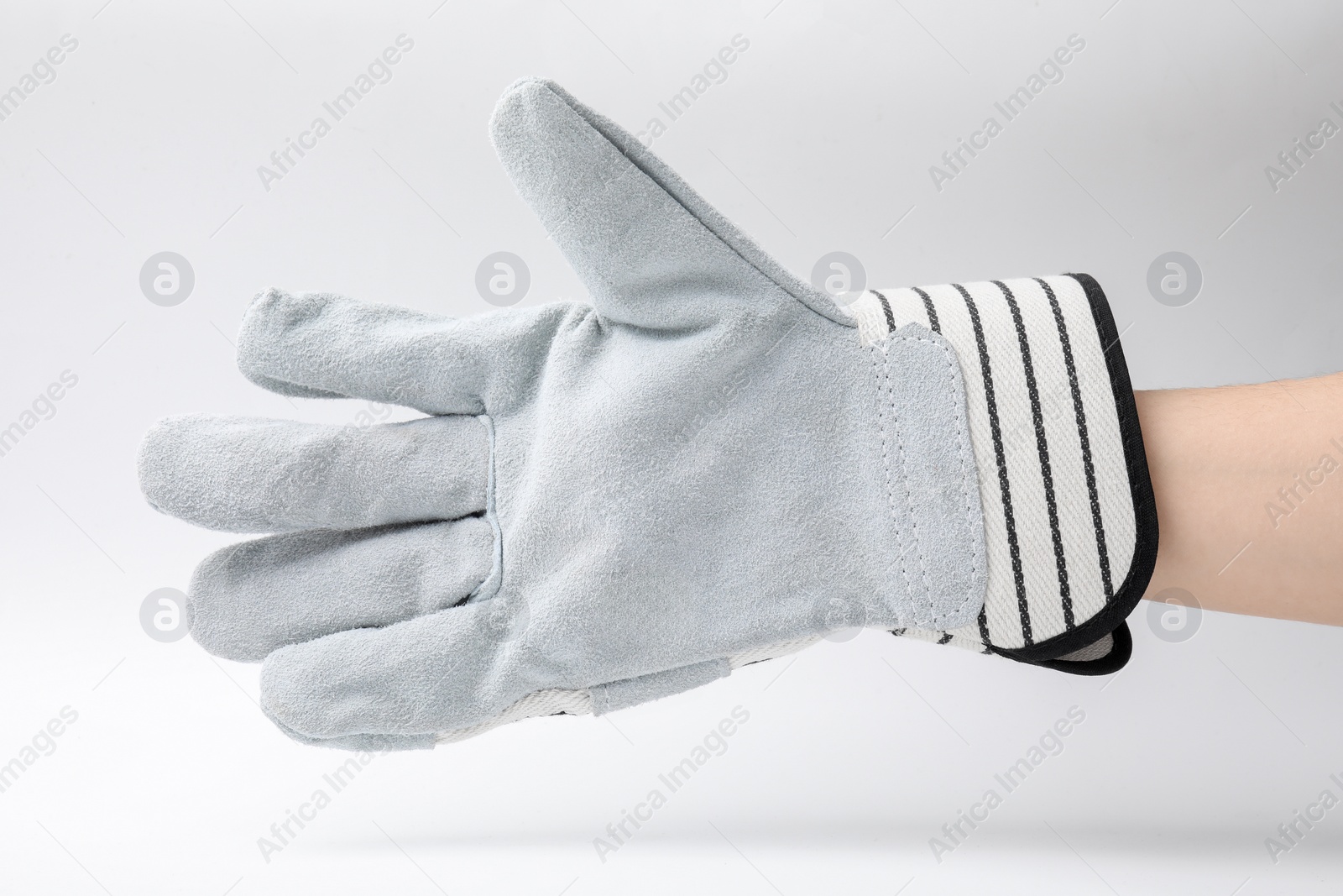 Photo of Woman in gardening glove on white background, closeup