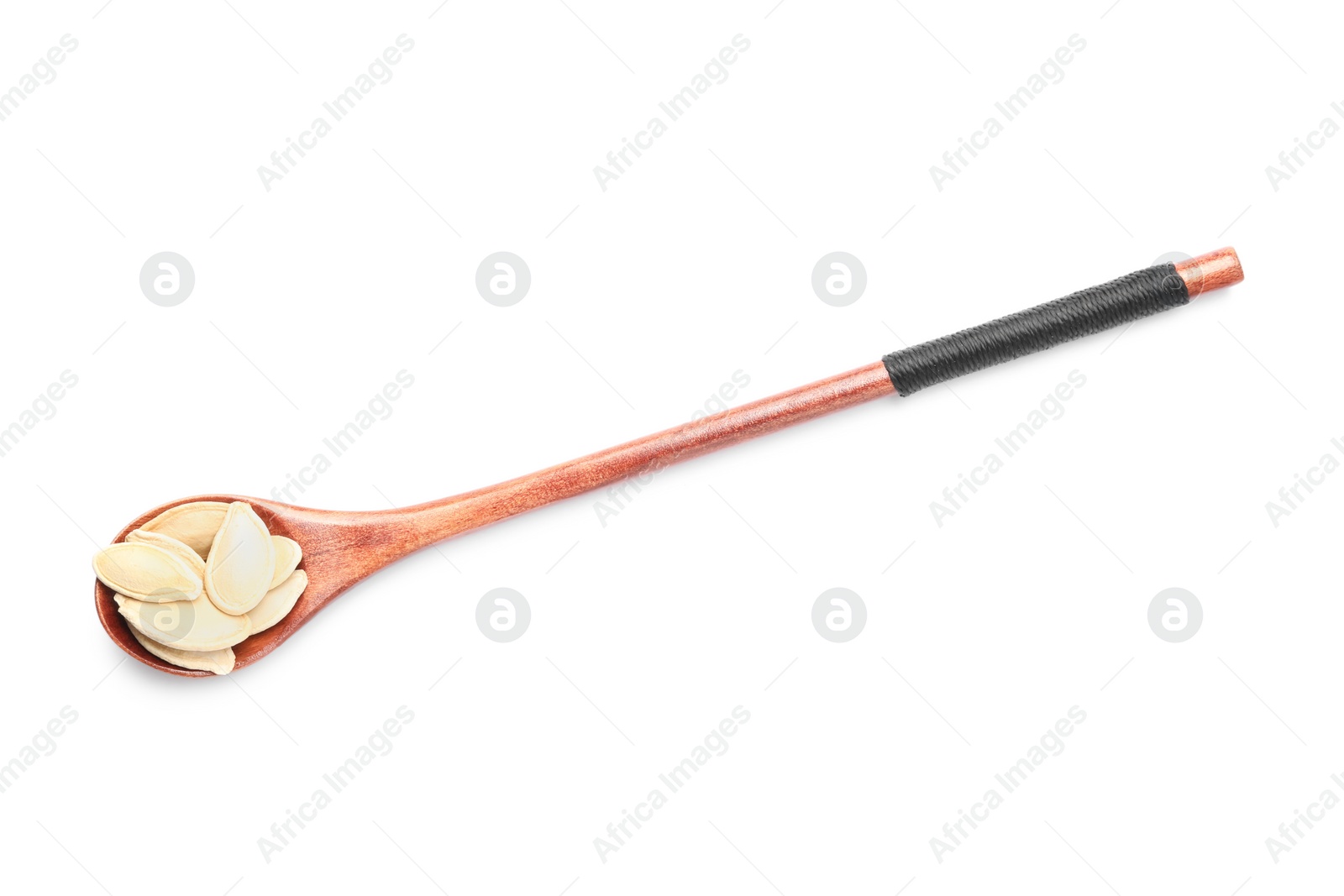 Photo of Wooden spoon with pumpkin seeds isolated on white, top view