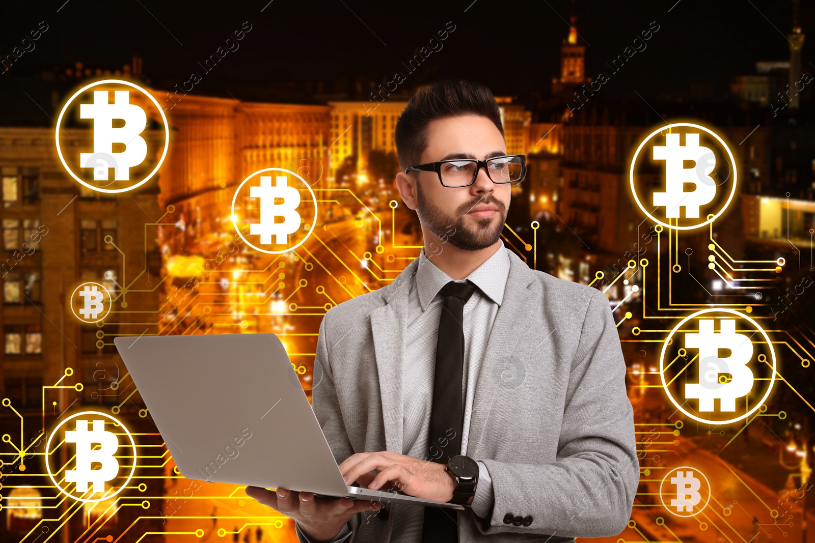 Image of Fintech concept. Scheme with bitcoin symbols and businessman using laptop on cityscape background