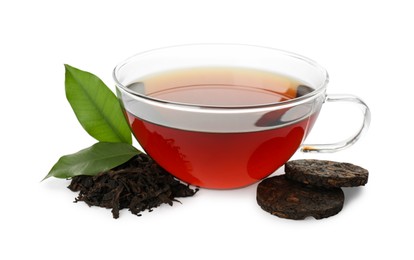 Photo of Traditional Chinese pu-erh tea, freshly brewed beverage and green leaves isolated on white