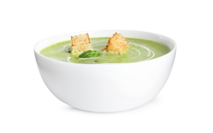 Photo of Delicious broccoli cream soup with croutons isolated on white